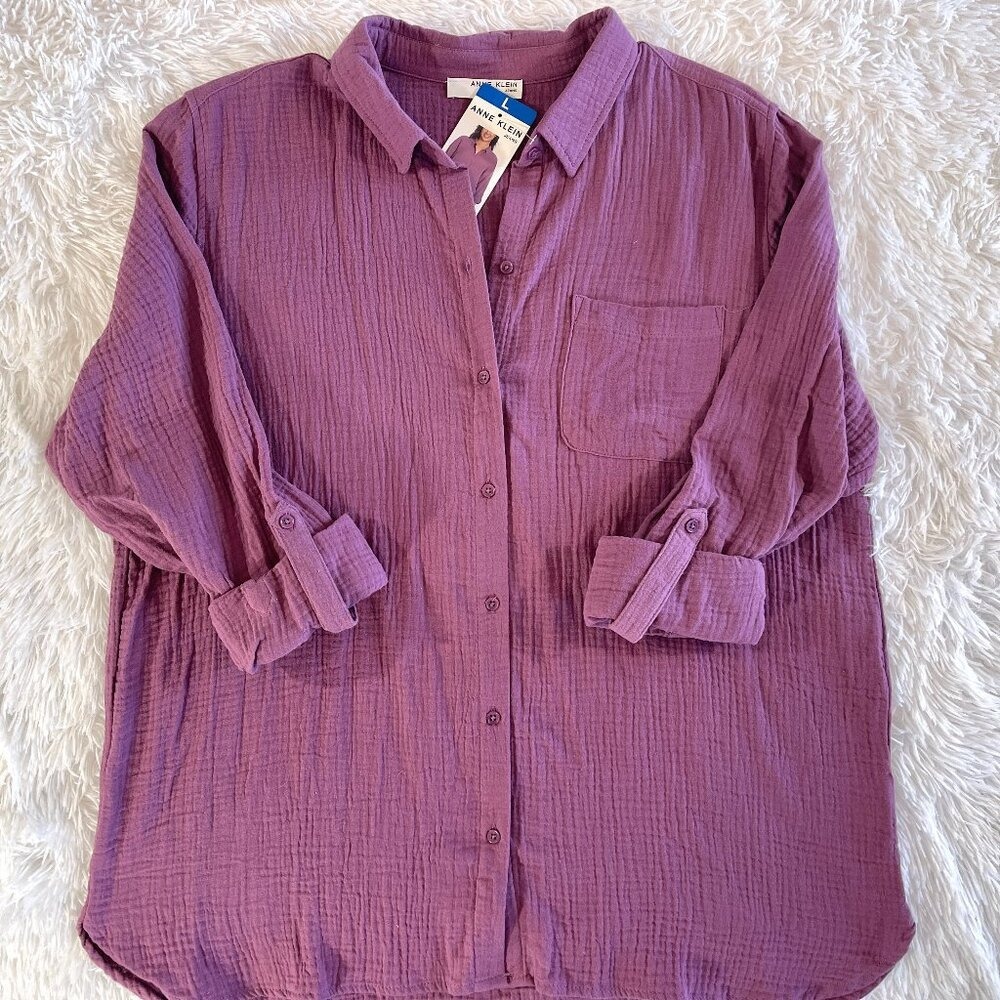 Women's Anne Klein Purple Crinkle‎ Button Down Shirt L - Picture 2 of 10